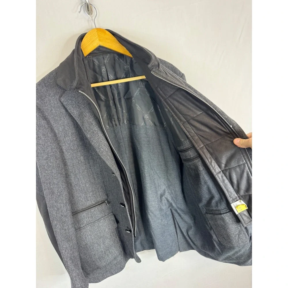 Corneliani ID Grey Wool Cashmere Herringbone Blazer Mock Neck Bib Jacket 54R IT